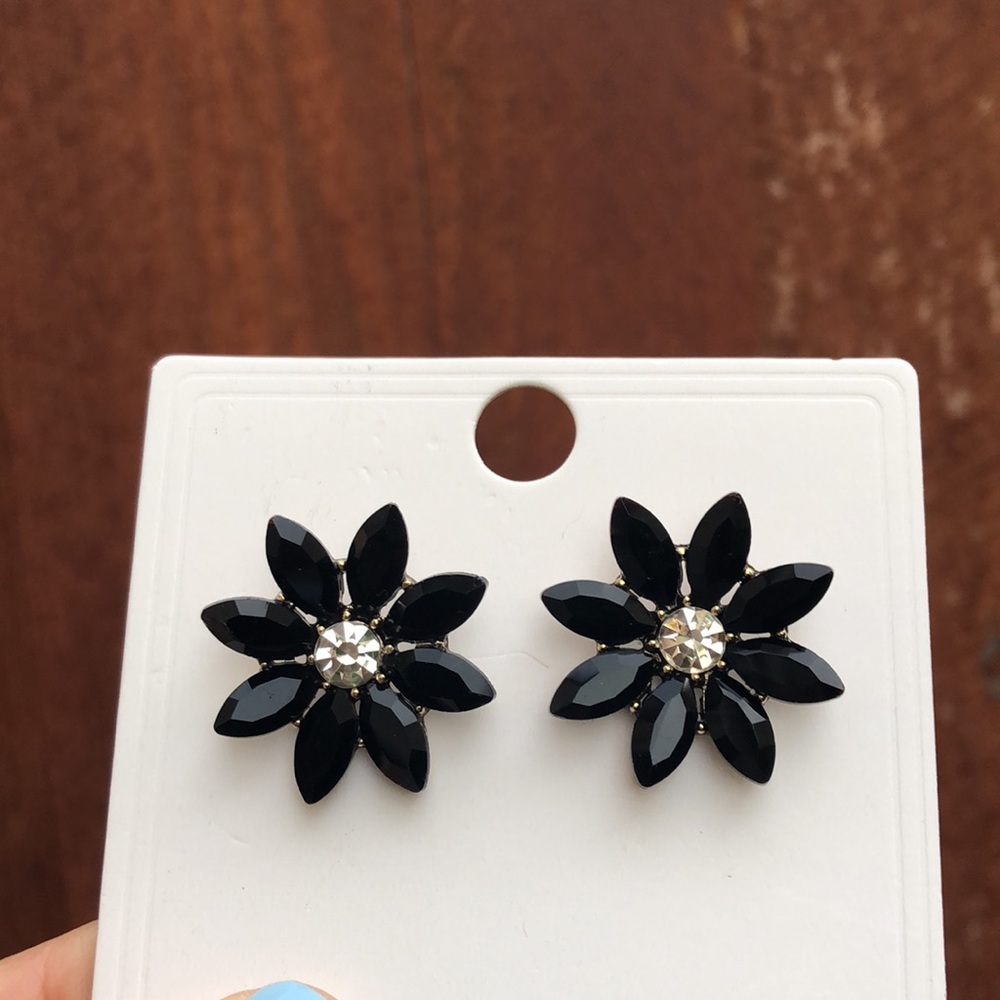 Black + Gold Crystal Flower Statement Earrings - image 2